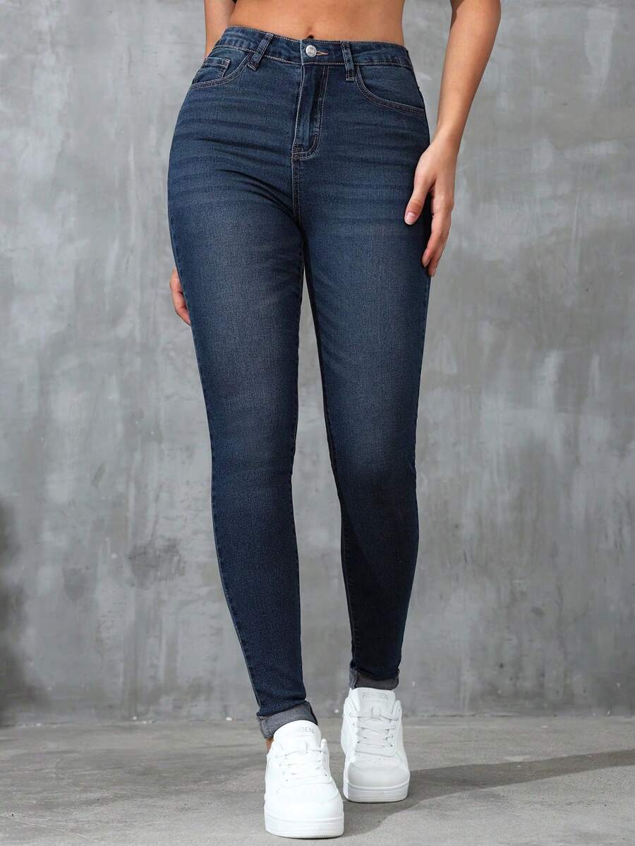 Women's Slim Fit Casual Jeans With Pockets - Dark Wash - View 1