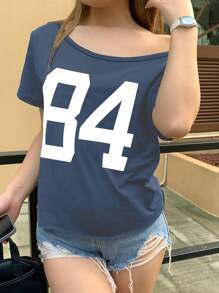 少女 84 号印花圆领短袖不对称领口 T 恤 - 藍色 - 查看 5