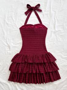 Soleia Urlaubs Damen Weinrot elastisches Fairy Plissee Büstenhalter, Neckholder mit Bindebändern und Schleife, mehrstufiges Kuchen-Saum Mini-Kleid, kann innen oder außen getragen werden