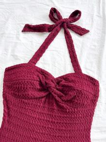 Soleia Urlaubs Damen Weinrot elastisches Fairy Plissee Büstenhalter, Neckholder mit Bindebändern und Schleife, mehrstufiges Kuchen-Saum Mini-Kleid, kann innen oder außen getragen werden