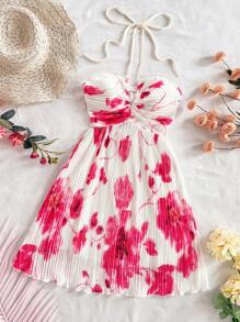 Soleia Women's Holiday Style Red Tie Dye Floral Print A-Line Tie-Front Halter V-Neck Flowy Ruffle Vacation Dress, Sexy Cute Summer Graduation Wedding Party Christmas Outfit