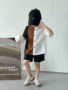 2 件套年轻男孩休闲运动学院艺术风格复古多色拼接立领衬衫和黑色短裤套装适合年轻男孩服装年轻男孩服装返校男孩西装适合生日派对、晚会、表演、婚礼、洗礼、开幕式、日常适合学校适合旅行适合度假适合春夏季