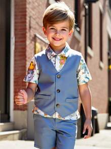 3 paquetes de conjuntos de camisa de solapa con estampado completo retro y artístico, chaleco y pantalones cortos de estilo deportivo informal para niños pequeños. Adecuado para fiestas de cumpleaños, fiestas de noche, actuaciones, bodas, bautizos, ceremonias de inauguración, uso diario, escuela, viajes, deportes, primavera y verano.