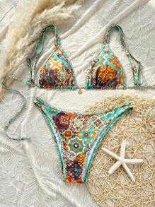 SHEIN Swim Vcay 女士热带印花性感两件套比基尼套装，带可调节肩带 - 彩色 - 查看 2