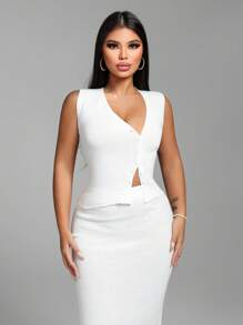 Zolique Women Spring Summer New White Knitted Vest With Button Closure, Casual Simple Sexy V Neck Sleeveless Vest - White - View 1