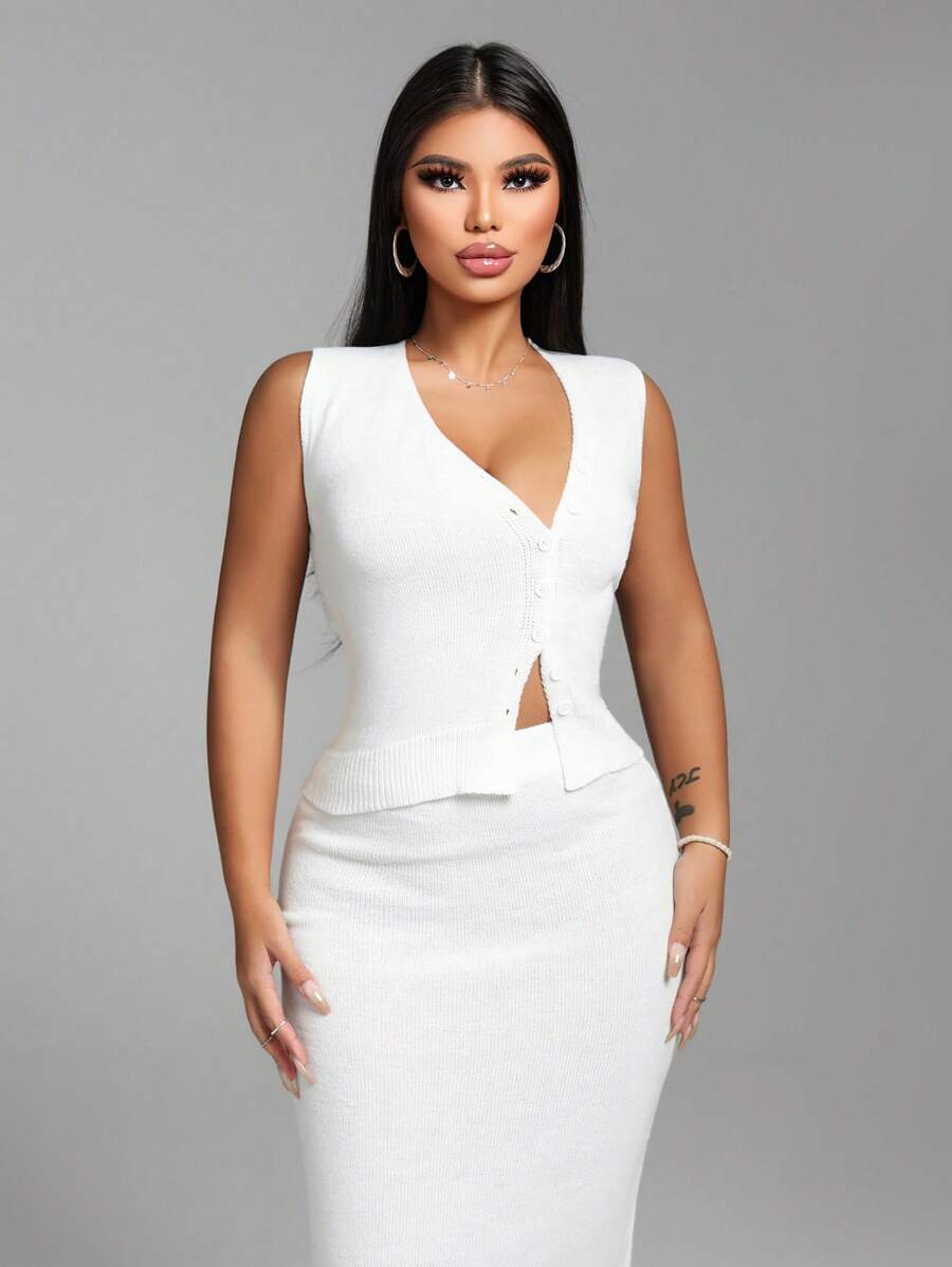 Zolique Women Spring Summer New White Knitted Vest With Button Closure, Casual Simple Sexy V Neck Sleeveless Vest - White - View 1