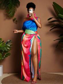 Maweii Plus Size Satin Twist Knot Slit All-Over Print Open Shoulder Bodycon Dress