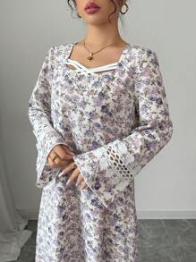 Yasmyna Vestido largo modesto de manga larga y holgado con estampado floral de patchwork y encaje para mujer, estilo árabe