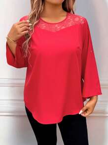 EMERY ROSE Plus Size Casual Enfärgad spetspanel blus med upprullbar ärm - Röd - Visa 4