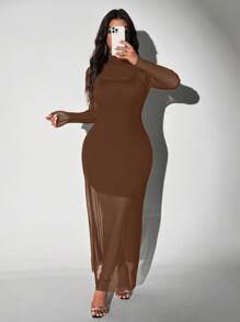 Viva Relle Plus Size Knit Mesh Sexy Spaghetti Strap High Collar See-Through 2 Pieces Set - Coffee Brown - View 6