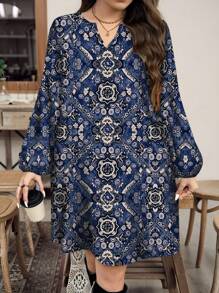 SHEIN LUNE Plus Size Women's Casual Vintage Floral Pattern Long Sleeve Dress, Suitable For Summer,Beach Dress Sundress,Holiday Outfits Boho Fall Clothes Chic Dress - Navy Blue - View 1