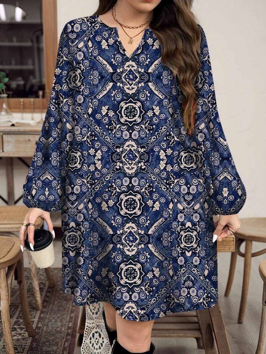 SHEIN LUNE Plus Size Women's Casual Vintage Floral Pattern Long Sleeve Dress, Suitable For Summer,Beach Dress Sundress,Holiday Outfits Boho Fall Clothes Chic Dress - Navy Blue - View 1