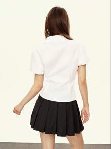 Rina Fox 女士纯色短袖单排扣休闲/正装衬衫 - 白色 - 查看 3