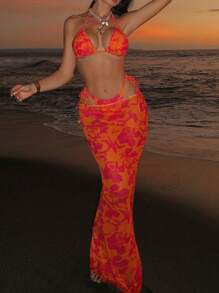 Swim SXY Women's 3pcs/Set Beach Summer Outfit, Includes Printed Spaghetti Strap Crop Top, Tie Side Swimwear Bottom, And Long Dress Bikini Set - Multicolor - View 6