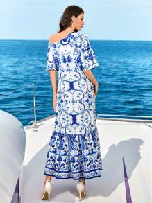 Al Najma Damen Lässig Urlaubs Kleid mit blau-weißem Muster und asymmetrischem Kragen - Blau-Weiß - Übersicht 6