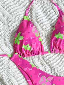 Women's Floral Print Sexy Bikini Set For Summer - Hot Pink - View 4