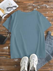 SHEIN LUNE Plus Size Comfortable Plaid Mother's Shirt Gift, Vintage Mom T-Shirt, Mother's Day Gift, Retro Plaid Mom T-Shirt, Ladies T-Shirt - Dusty Blue - View 2