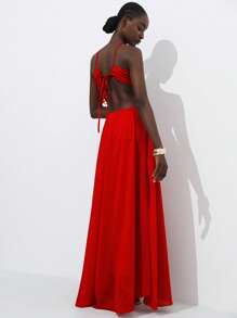 Aveloria Modichic Abito in chiffon rosso con schienale scoperto e senza maniche