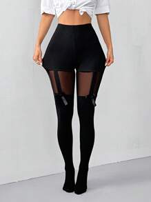 SHEIN EZwear Women's Solid High Waist Bow Decorated Mesh Patchwork Tights