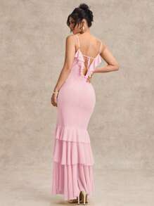 SHEIN BAE Women's Spring And Summer Solid Color Suspender V-Neck Ruffle Front Slit Chiffon Holiday Elegant Backless Dress Suitable For Wedding Bridesmaid Dress Prom Dress - Baby Pink - View 2