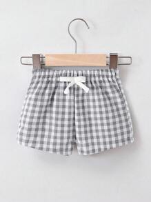 Pantalones cortos a cuadros informales para niños pequeños, para primavera/verano, de uso sencillo para exterior - Gris - Ver 1