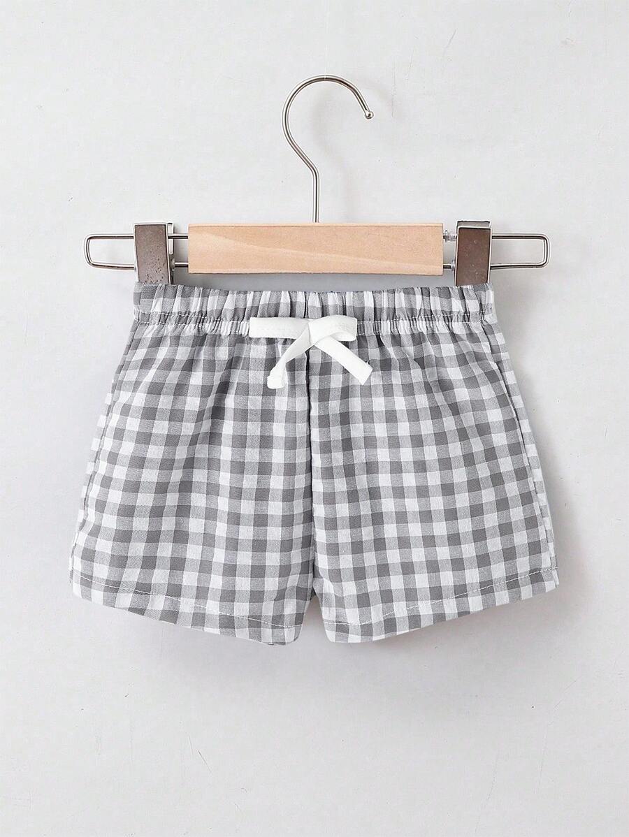 Pantalones cortos a cuadros informales para niños pequeños, para primavera/verano, de uso sencillo para exterior - Gris - Ver 1