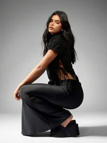 MISSGUIDED Smocked High Neck Crop Top Summer Puff Sleeve Fashion Blouse Side Tie Short Women Casual Party Evening Ruffle Hem Shirred Top Festival