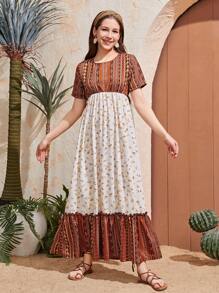 Teenage Girls Pattern Short Sleeve Casual Dress, Comfortable Fabric, Suitable For Summer - Multicolor - View 3