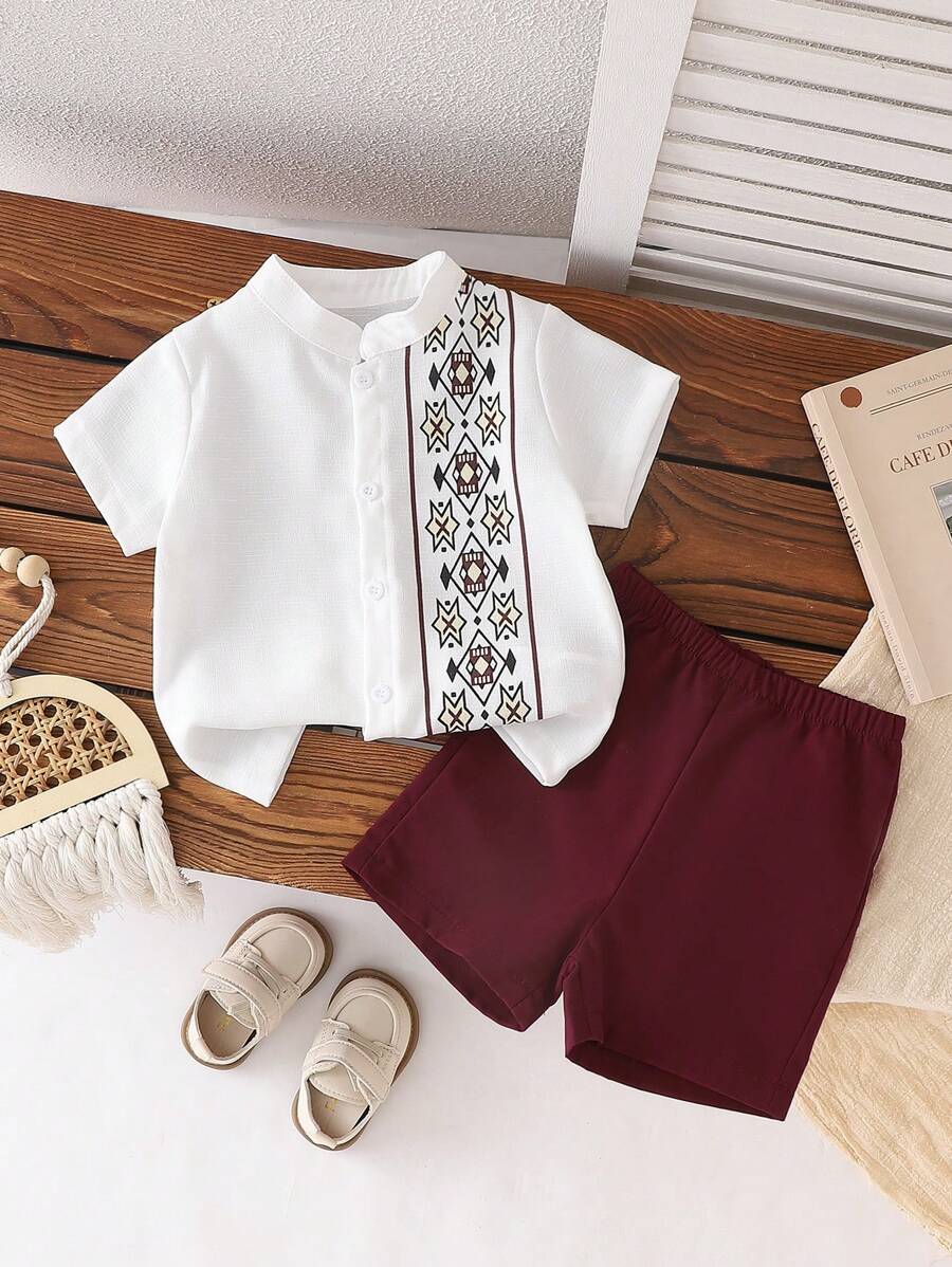 SHEIN 2 件套幼儿男童夏季休闲可爱印花衬衫上衣和短裤套装 - 酒紅色 - 查看 1