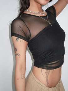 DAZY Women's Semi-Sheer Tube Crop Top Mesh Fitted Short T-Shirt Y2k - Black - View 3