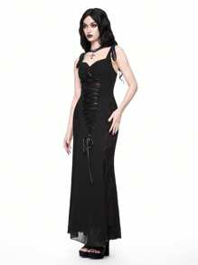 ROMWE Goth 哥特式婚礼季女式重磅蕾丝拼接美人鱼剪影连衣裙 - 黑色 - 查看 5
