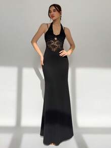 Aloruh Women's Elegant Black Halter Maxi Dress With Lace Detail And Mermaid Hem