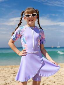 SHEIN 女孩中大童蓝色花卉印花前拉链插肩袖连体泳衣带裙子，适合海滩、度假、水上乐园、冲浪