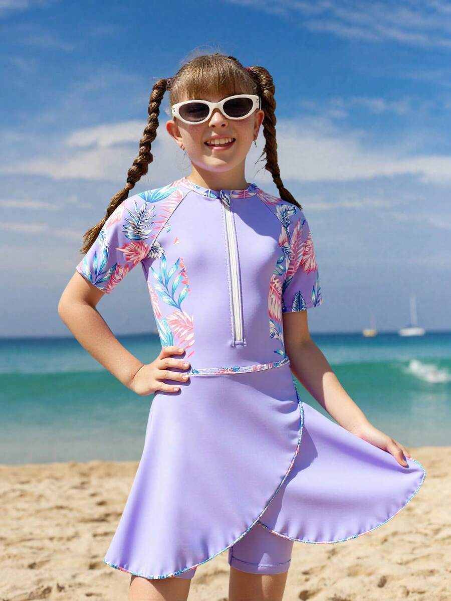 SHEIN 女孩中大童蓝色花卉印花前拉链插肩袖连体泳衣带裙子，适合海滩、度假、水上乐园、冲浪