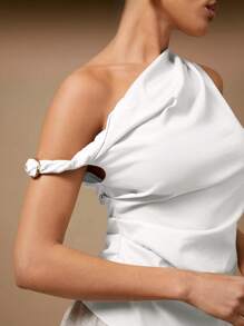 Hauture Women Summer Asymmetrical Shoulder Ruched Top, Summer Tops, For Daily, Date Night, Concerts, Performances, Parties, Clubs - White - View 2
