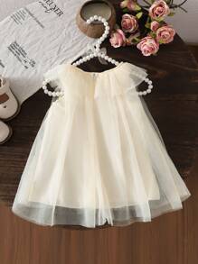 SHEIN 女婴春夏秋季米色网眼蝴蝶结装饰连衣裙，优质轻质面料，时尚优雅设计，适合休闲场合