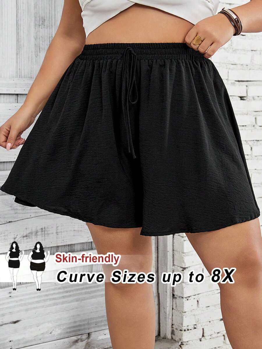 SHEIN CURVE+ Plus - Vacation Leisure - Non-Stretch Shuttle Weaving Texture Apricot A-Line Loose-Fitting Vacation Shorts Boho Vacation