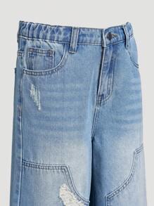 Jungen Applikation Patchwork Mode Denim Gerade Bein Weite Hose - Mittele Waschung - Übersicht 5