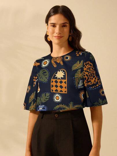 CAJUNI 女士波西米亚风热带动物与植物彩色印花休闲度假夏季短衬衫