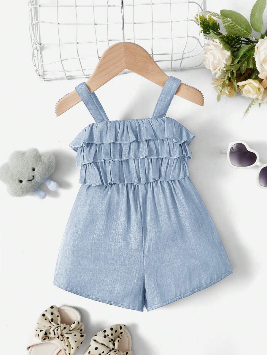 SHEIN Baby Girl Cute Ruffled Trim Sling Romper - Baby Blue - View 1