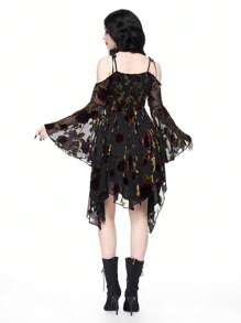 ROMWE Goth Vestido corto con mangas acampanadas, bajo asimétrico y transparente con estampado floral, estilo gótico para novia, primavera