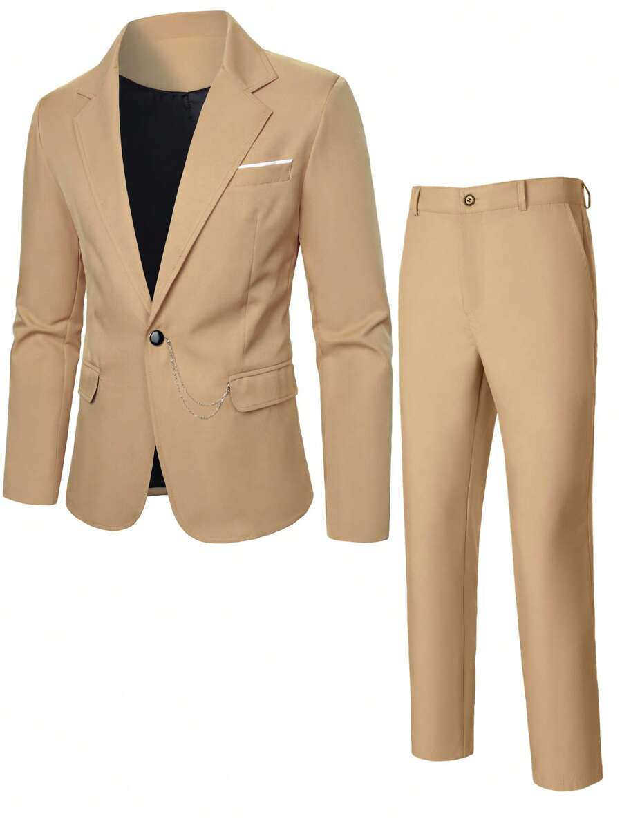 Calvornis Men's Solid Color Long Sleeve Jacket And Trouser Suit, Minimalist Fashion Suitable For Summer , Men Suit Set - Khaki - View 1