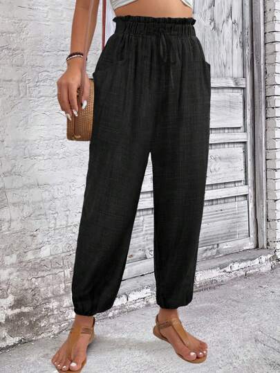 Linhara Plus Size Women Linen Blend Drawstring Waist Casual Pants Fall Cloth For Women