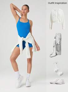 GLOWMODE 4.3" FeatherFit™ Power Play Tummy Control Crossover Strappy Back Romper Bodysuit tác động thấp Yoga Pilates Studio Hàng ngày Thường ngày Có thể tháo rời Cúp - Blue Power - Xem 7