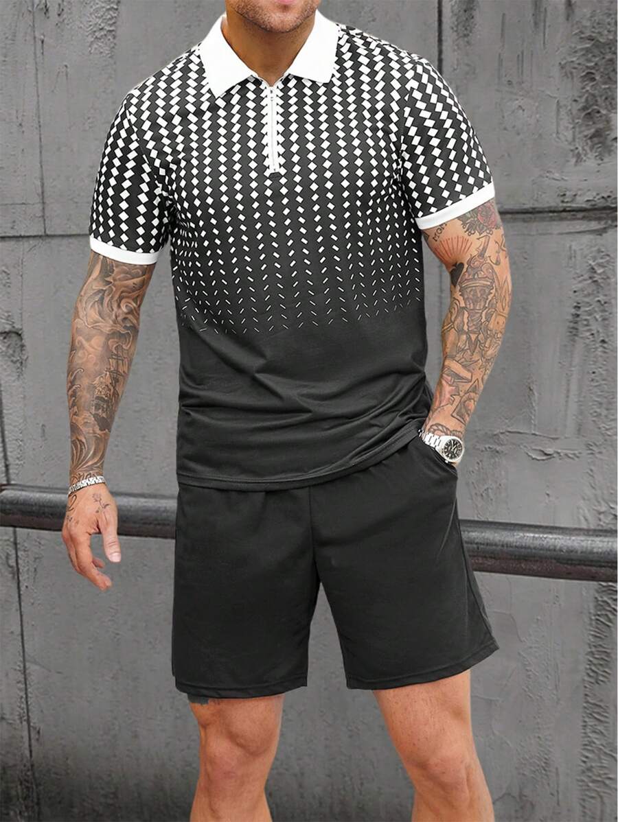 Manfinity CasualCool Men's Summer Casual Vacation Black And White Geometric Print Contrast Zipper Polo Shirt Collar And Solid Color Shorts Set Outfits Husband Gifts - Black and White - View 1