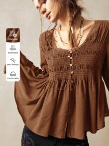 SHEIN BohoFeels 女士度假休闲纯色编织 V 领长袖衬衫 - 棕色 - 查看 1