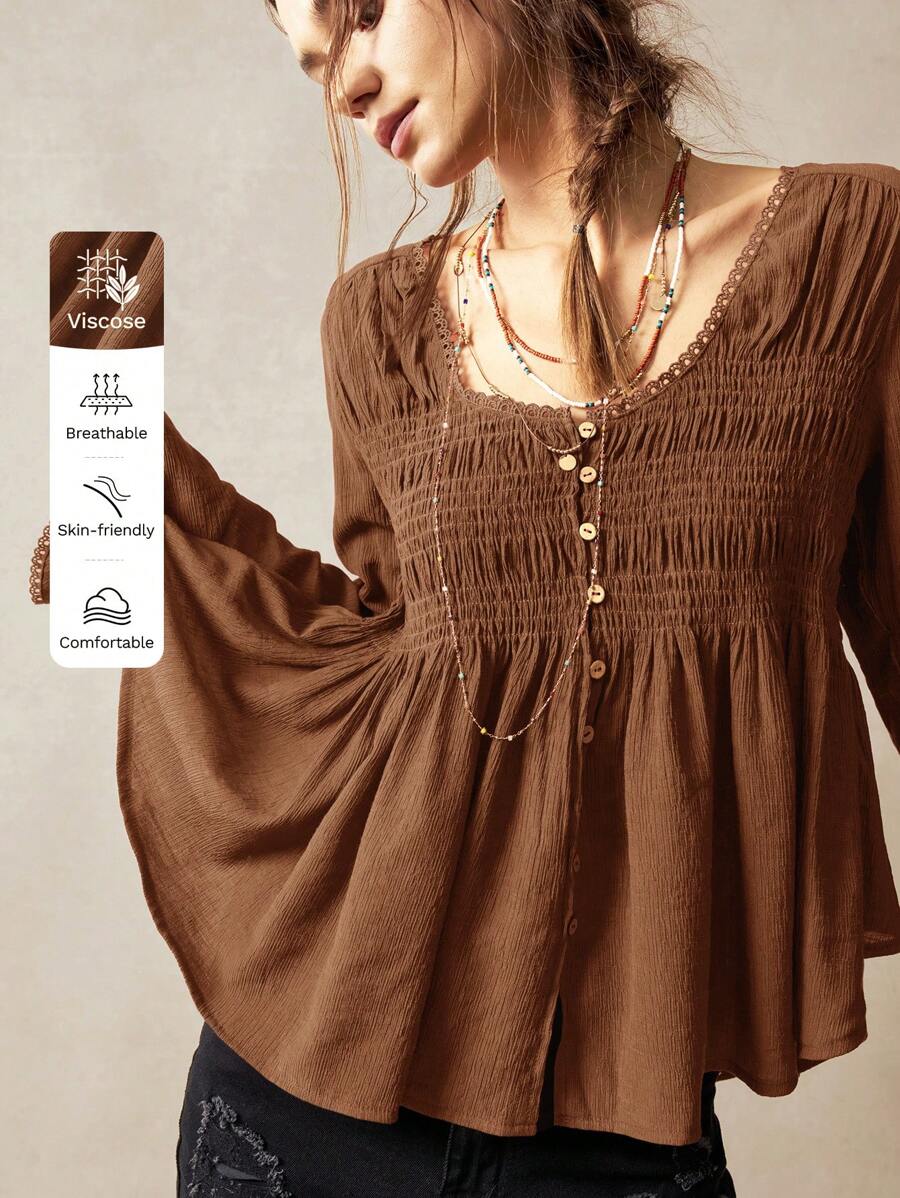SHEIN BohoFeels 女士度假休闲纯色编织 V 领长袖衬衫 - 棕色 - 查看 1