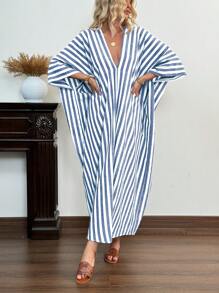 Breezaya 条纹印花蝙蝠袖休闲连衣裙，适合夏季长款女装