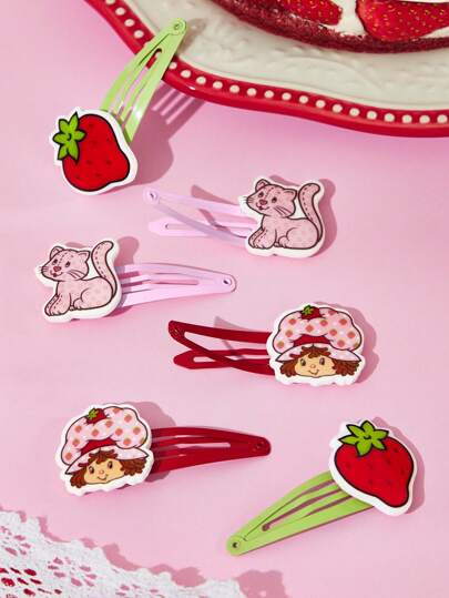 Strawberry Shortcake X SHEIN 6 Pcs Adorable Strawberry, Cat Design Cute Hair Clips, Pink Hair Barrettes,Gift Ideas, Summer / Spring ,Beach, Vacation