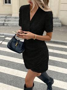 SHEIN Frenchy Women Short Mini Dress, V-Neck, Casual & , Suitable For Summer,Summer Dresses For Women Elegant Black Evening Dress - Black - View 7